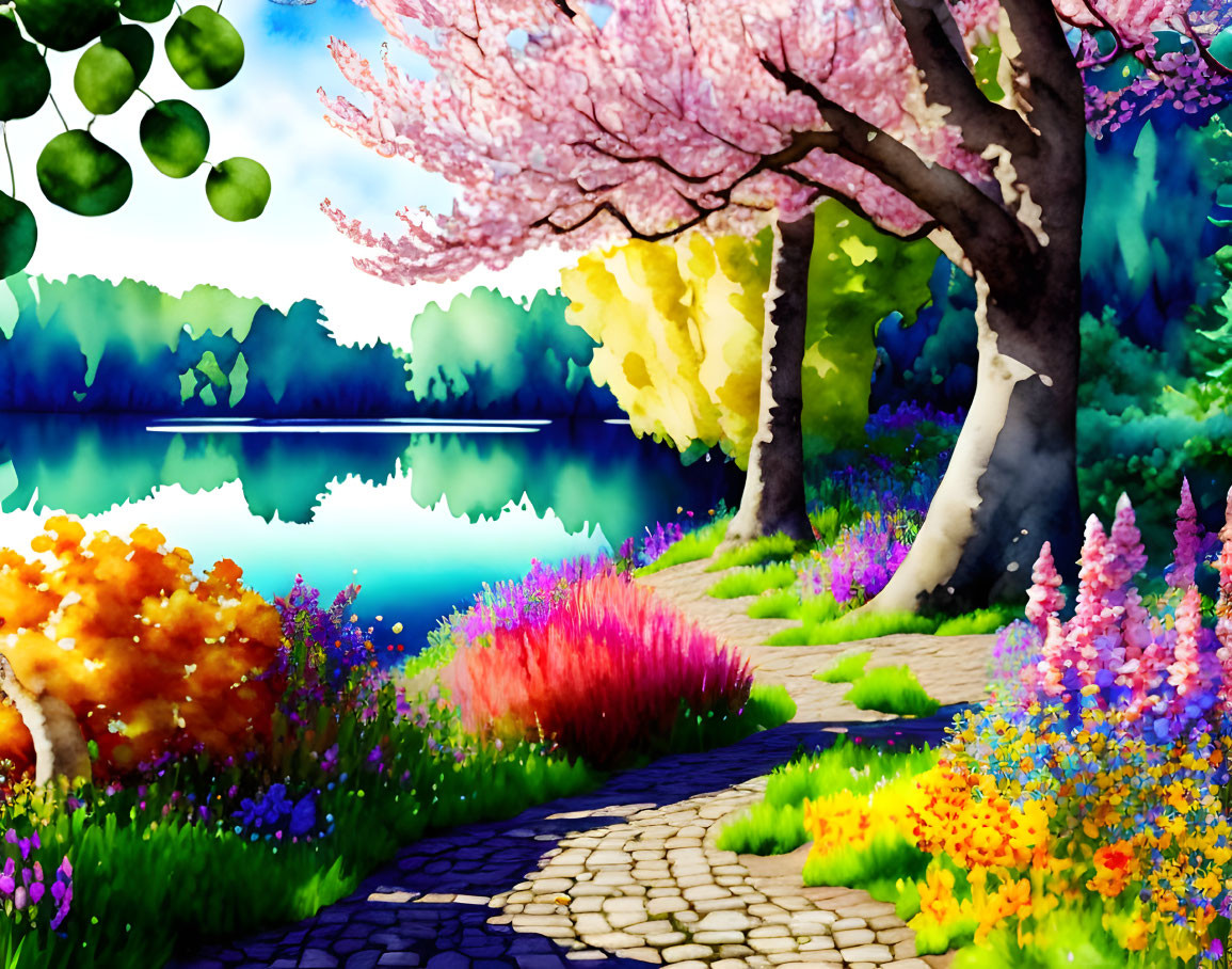 Colorful lakeside path with blossoming trees and flowers under blue sky