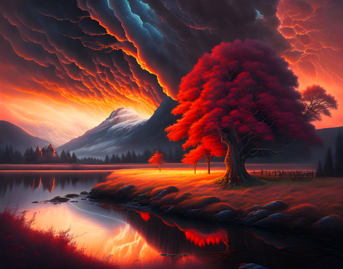 Fiery red tree in dramatic sunset landscape with lake and mountains