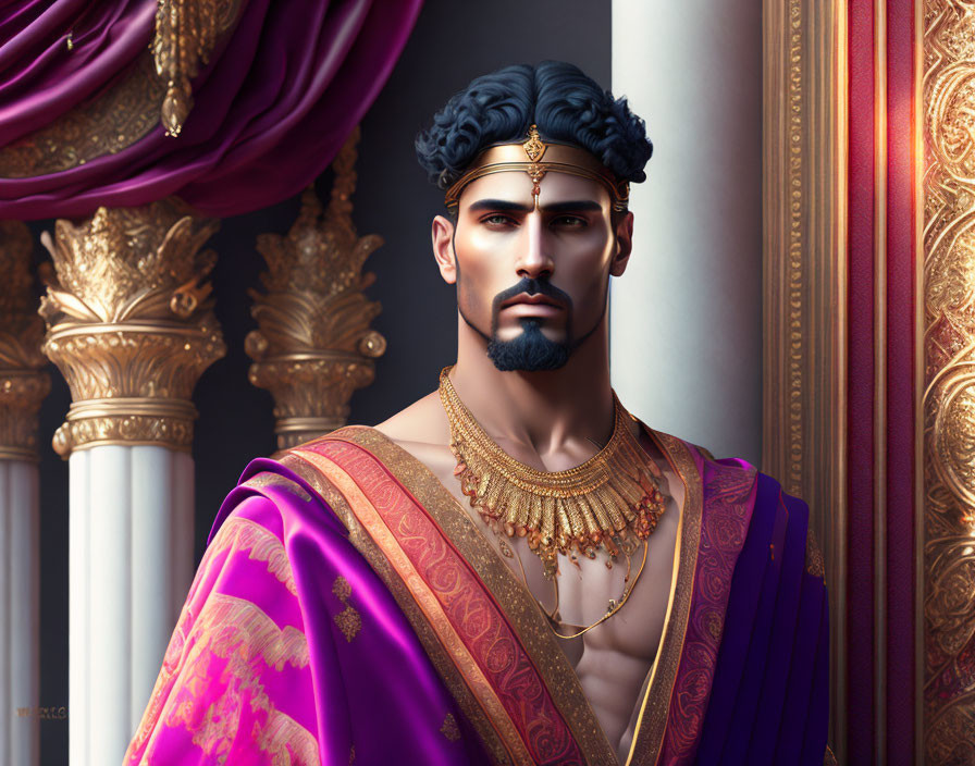 Regal man in purple and gold traditional outfit with stern expression against luxurious backdrop.