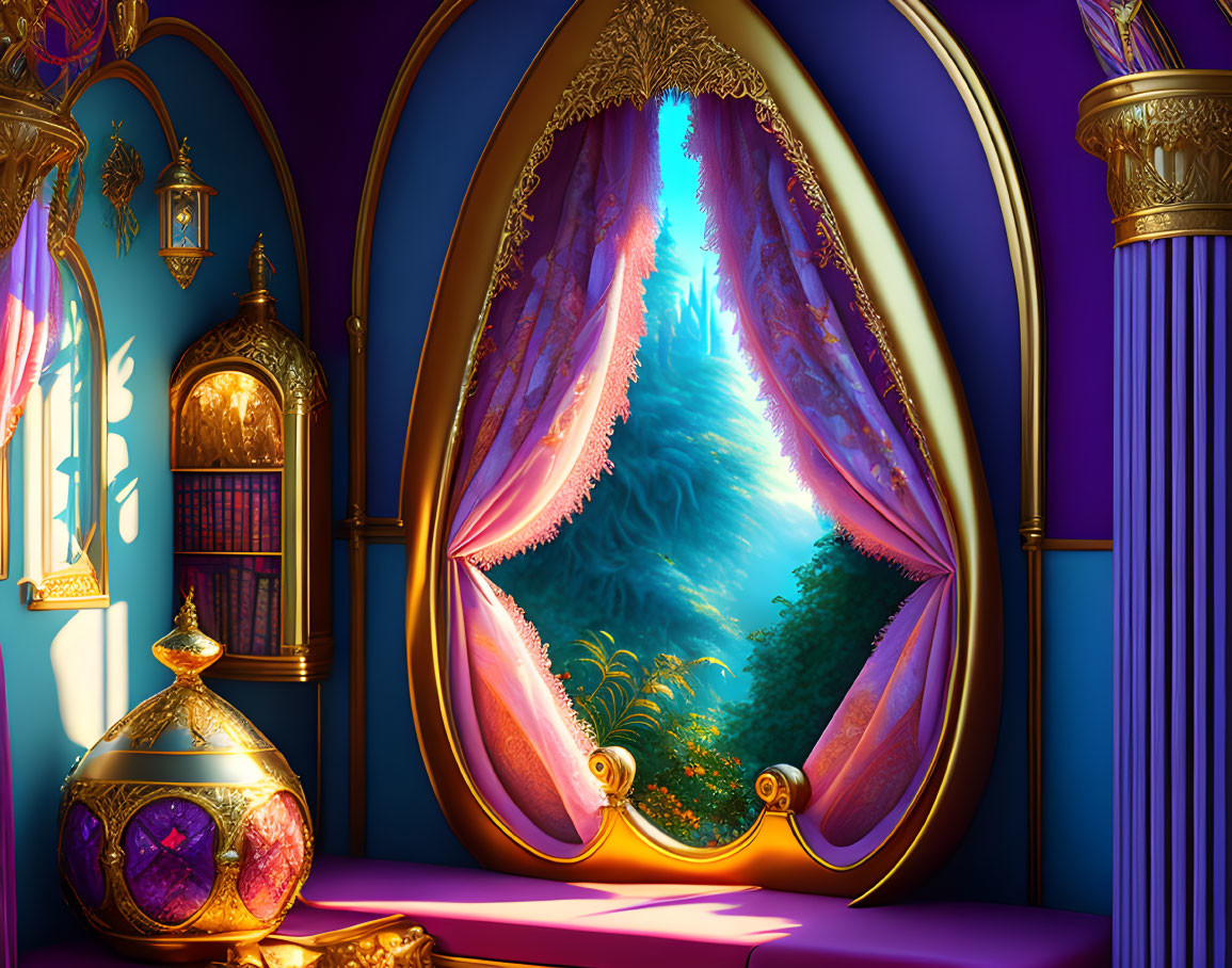 Luxurious fantasy room with ornate golden mirror and regal purple decor