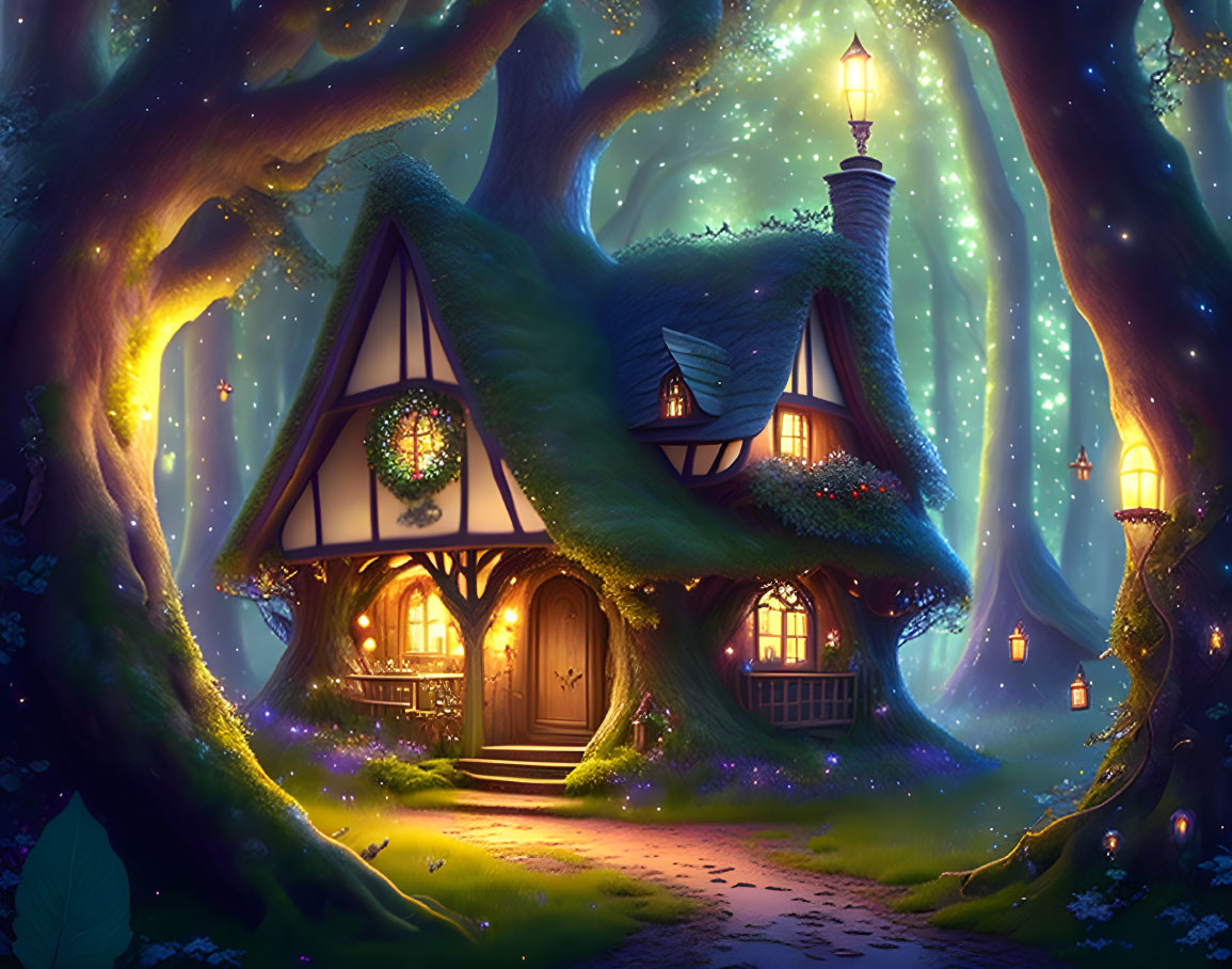 Enchanting cottage in magical forest with warm lights