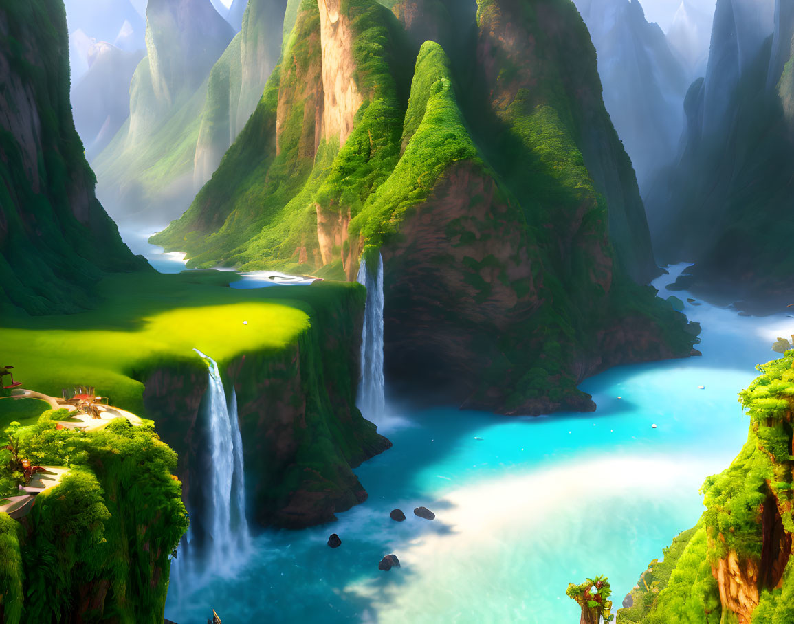 Scenic green valley with waterfalls, cliffs, and lagoon