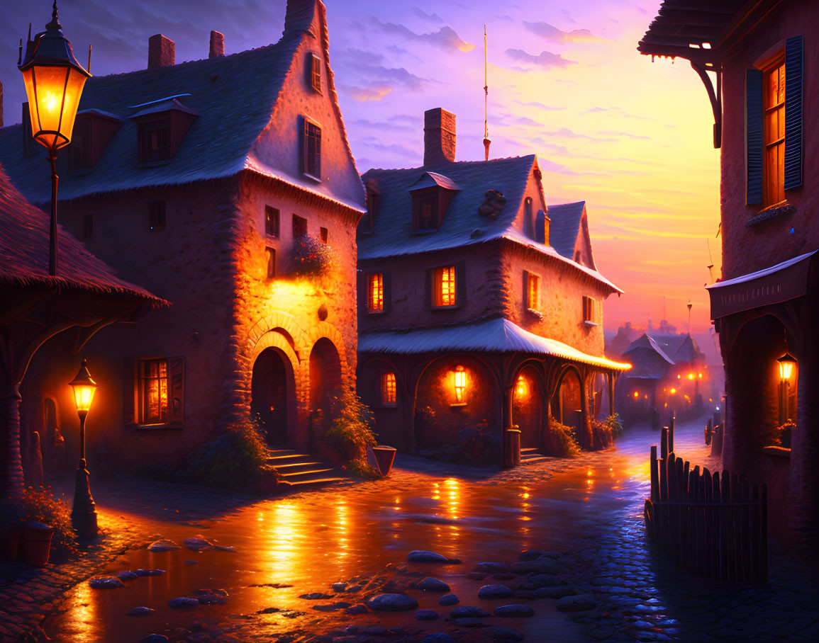 Charming cobblestone village at dusk with warm lights