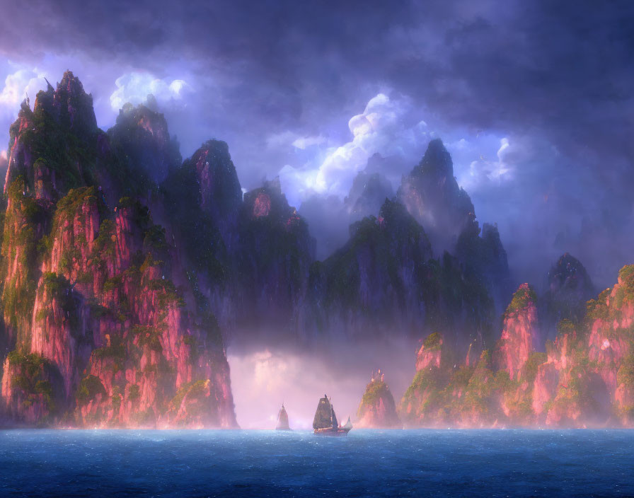 Mystical seascape with sailboat among misty islands under dramatic sky