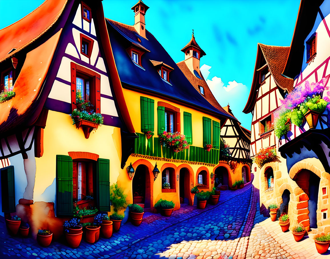 Vibrant cartoon-style European village street illustration