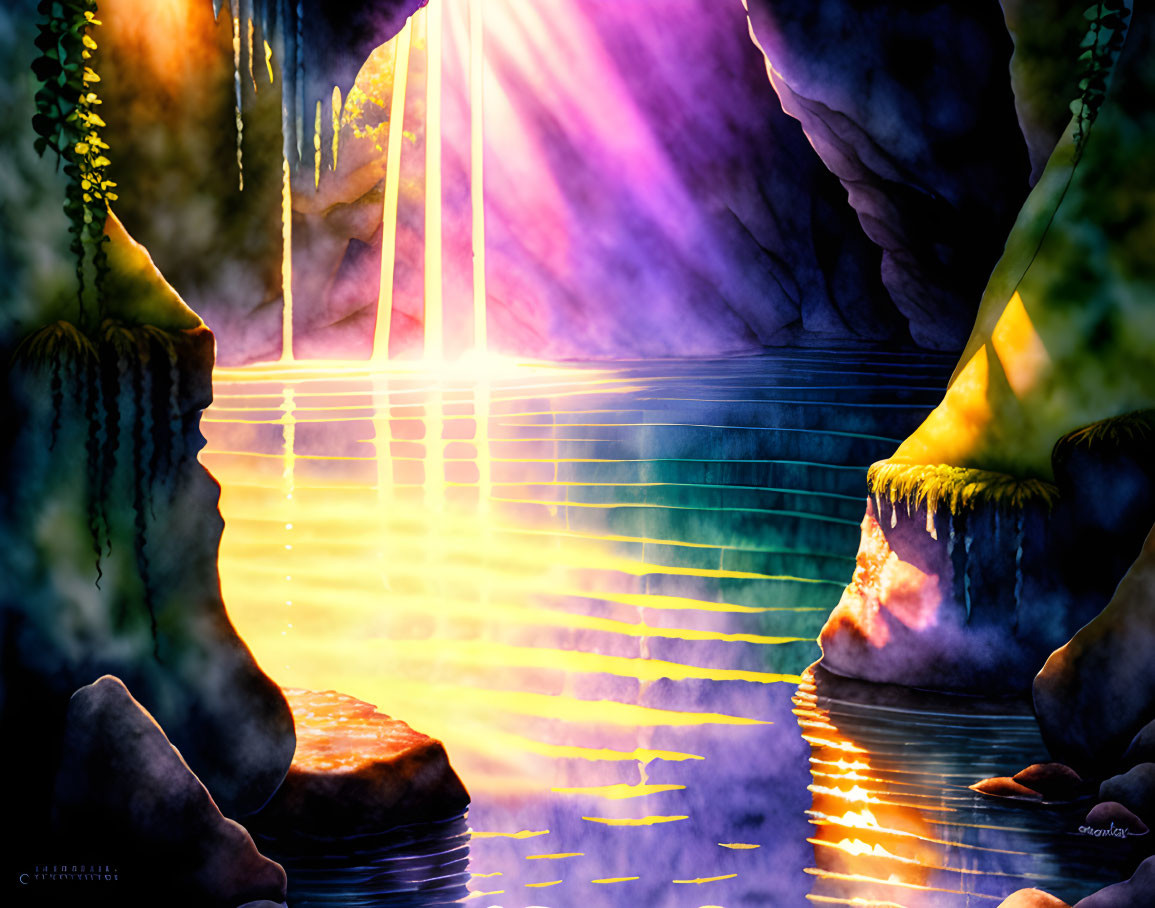Majestic cave with tranquil water reflecting purple hues
