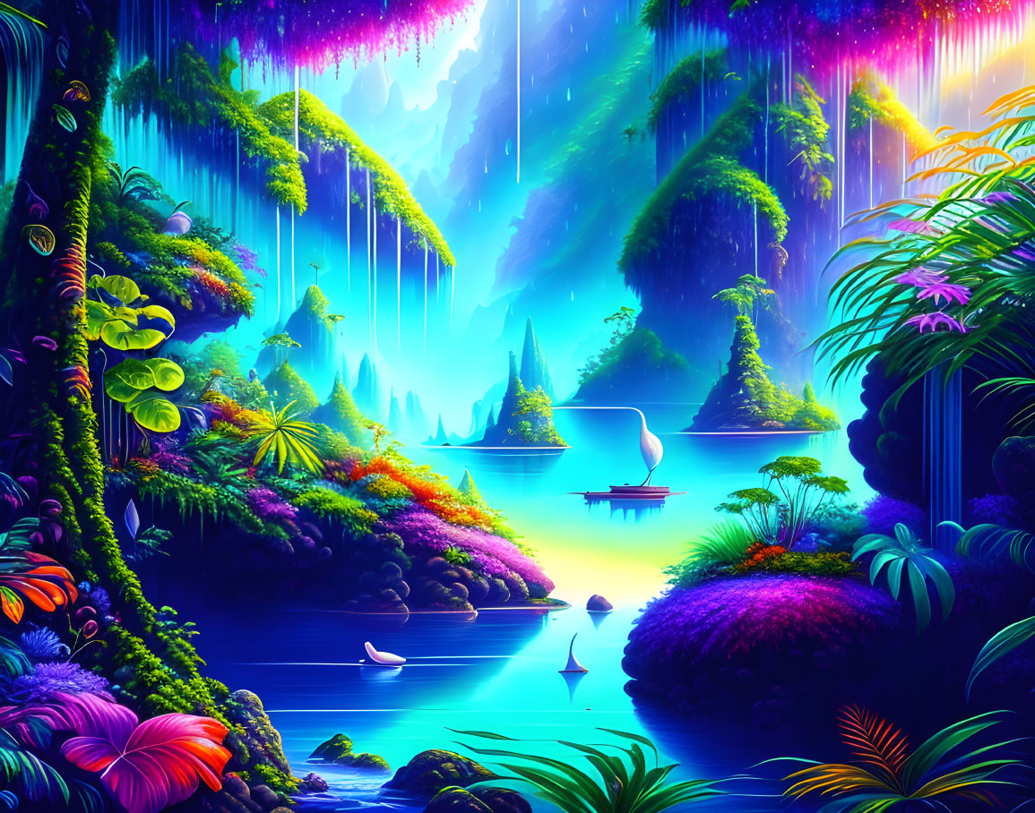 Mystical landscape with waterfalls, lush vegetation, boats, and starry sky