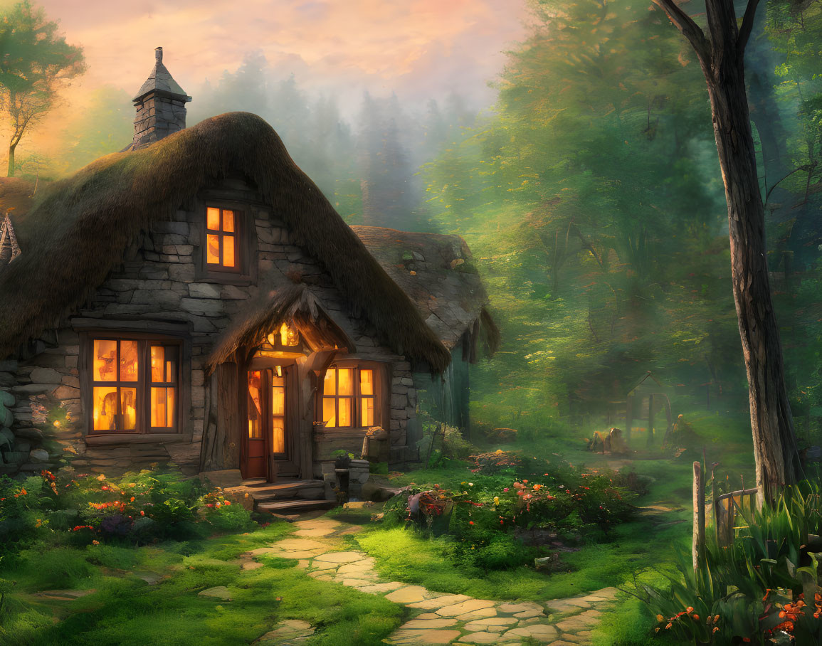 Thatched Roof Cottage in Forest Glade at Sunset