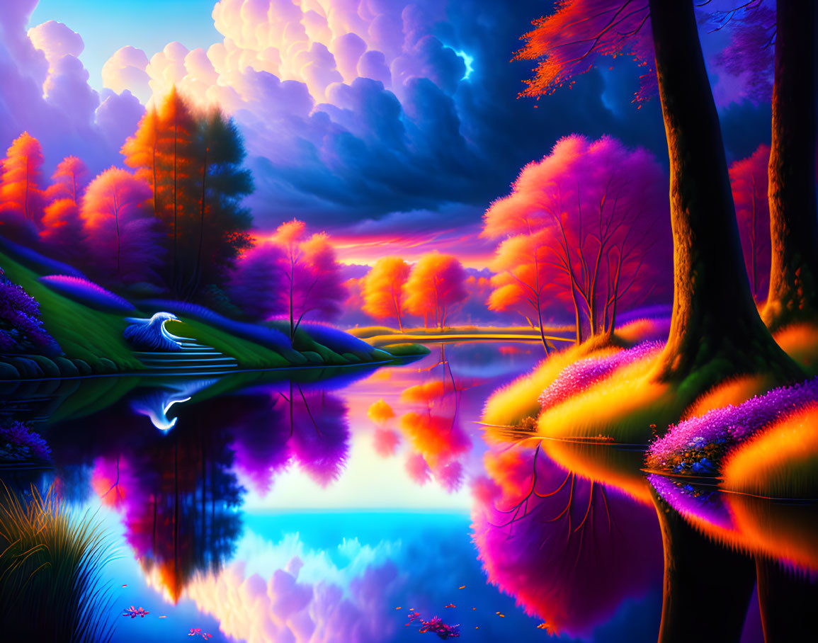 Surreal landscape art: purple and orange trees, reflective lake, colorful sky