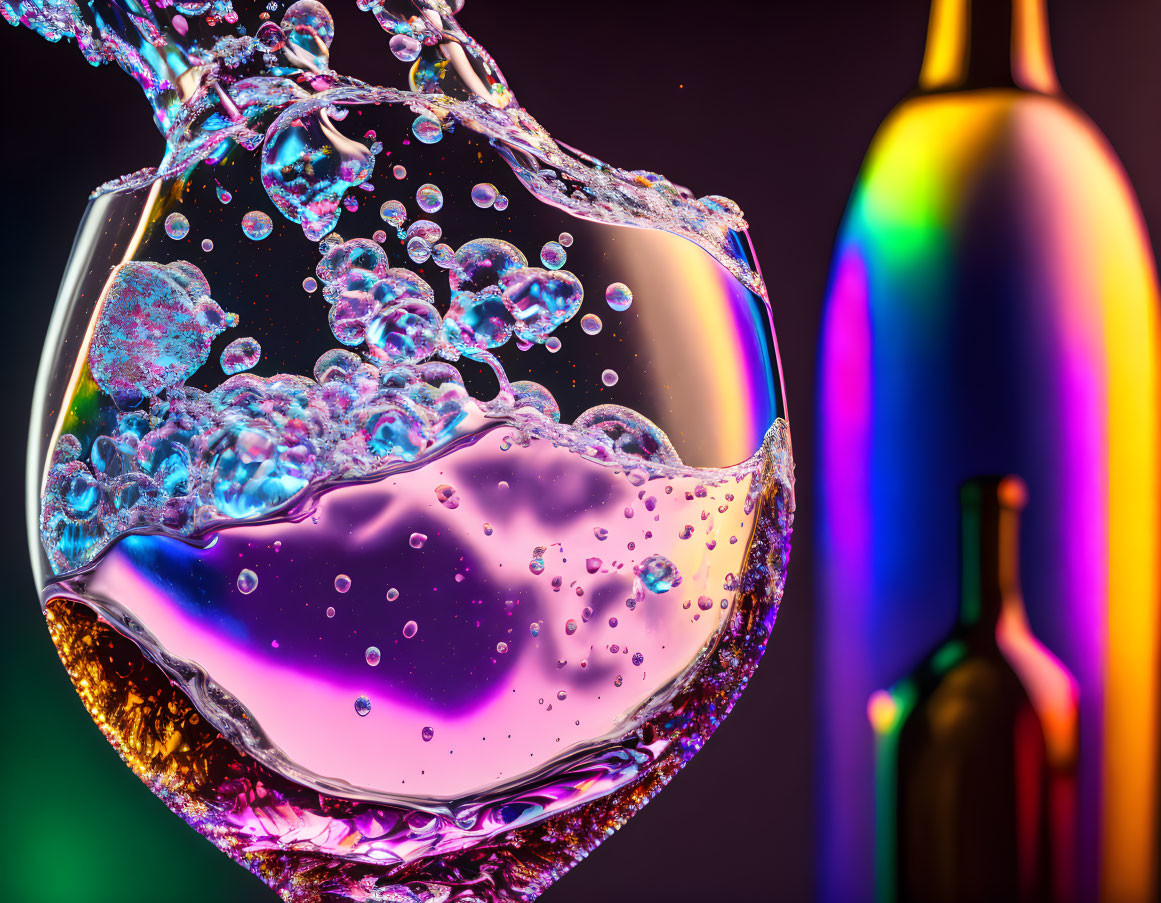 Clear liquid splashing in glass with colorful blurred bottle