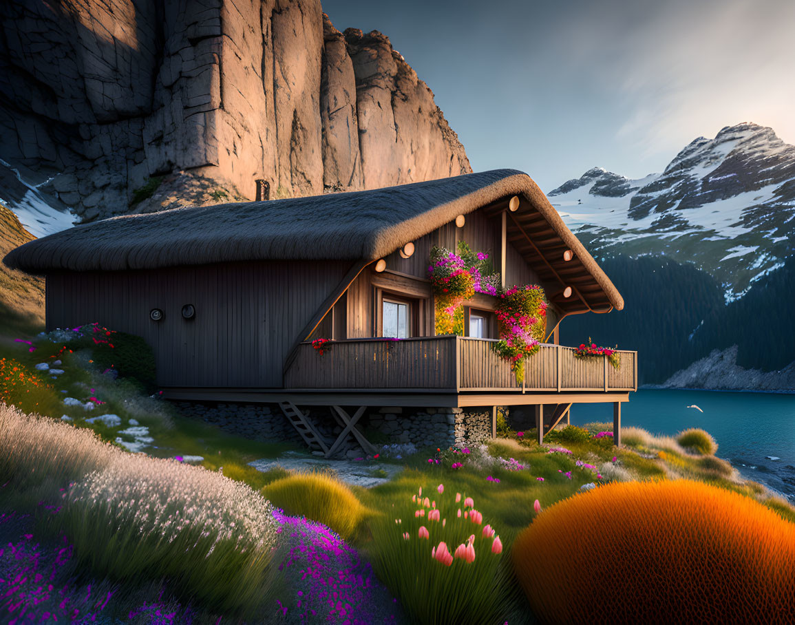 Scenic lakeside chalet with thatched roof, vibrant flowers, and majestic mountains at sunset