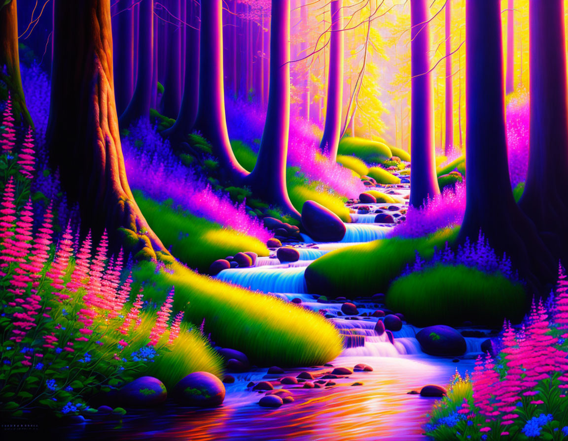 Vibrant surreal forest with neon hues and glowing stream.