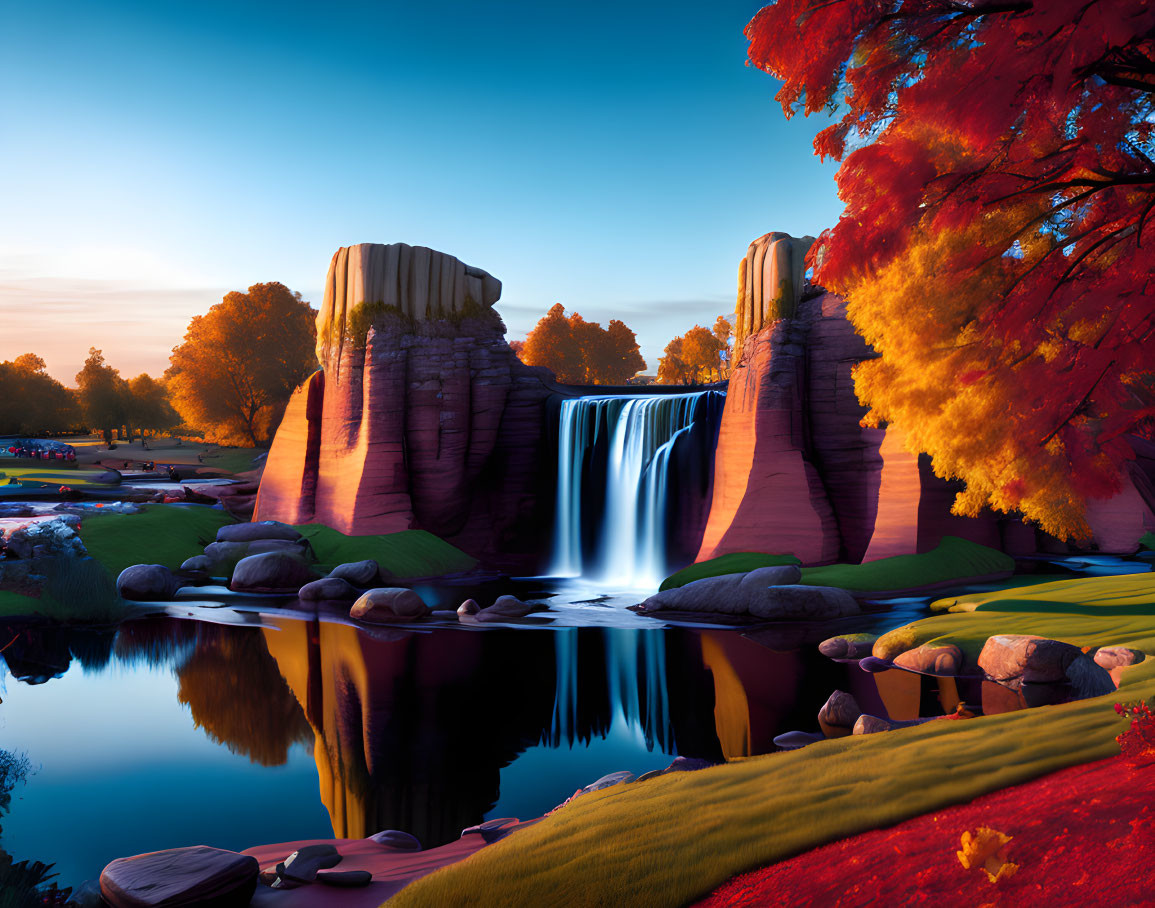 Tranquil waterfall between rock formations with autumn foliage at sunset