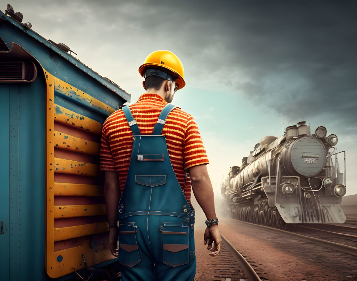 Worker in yellow hard hat near blue train car as steam locomotive approaches