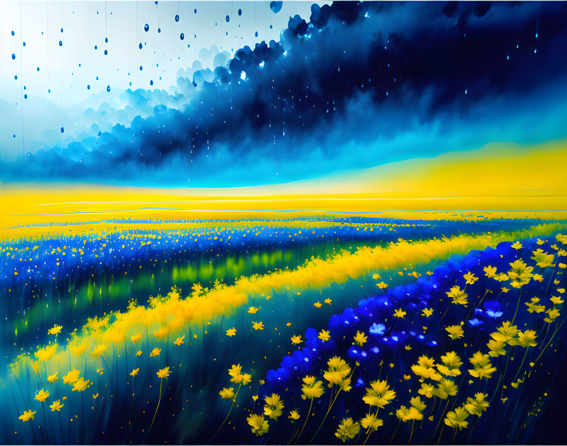 Digital artwork of blue and yellow flowers in stormy sky