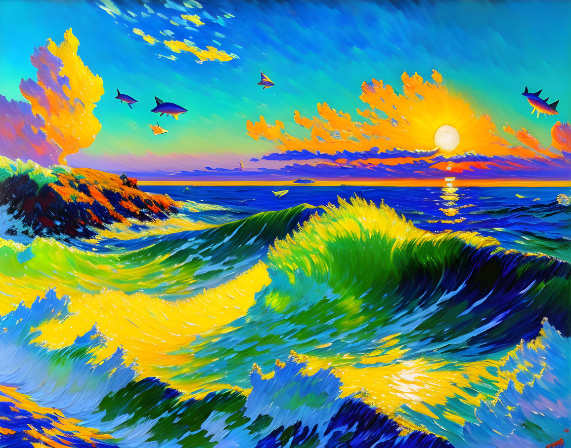 Colorful sunset painting: ocean waves, cliff tree, birds, reflections