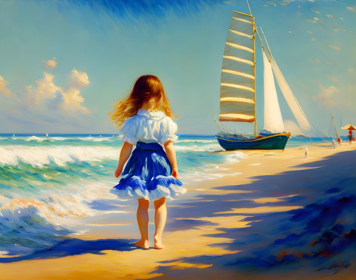 Young girl in blue and white outfit on sunlit beach gazes at sailboat in ocean