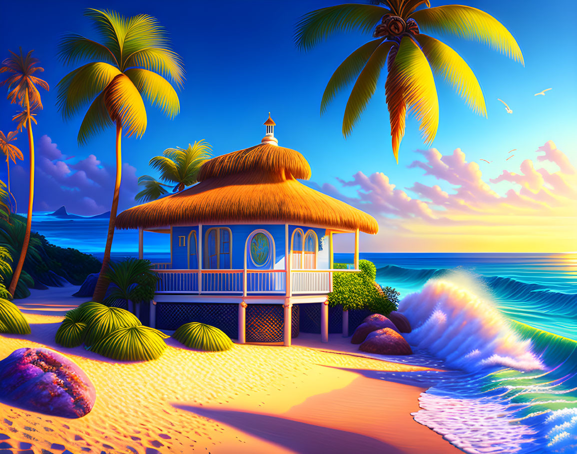 Tropical beach scene with thatched hut, palm trees, sunset sky, and crashing waves