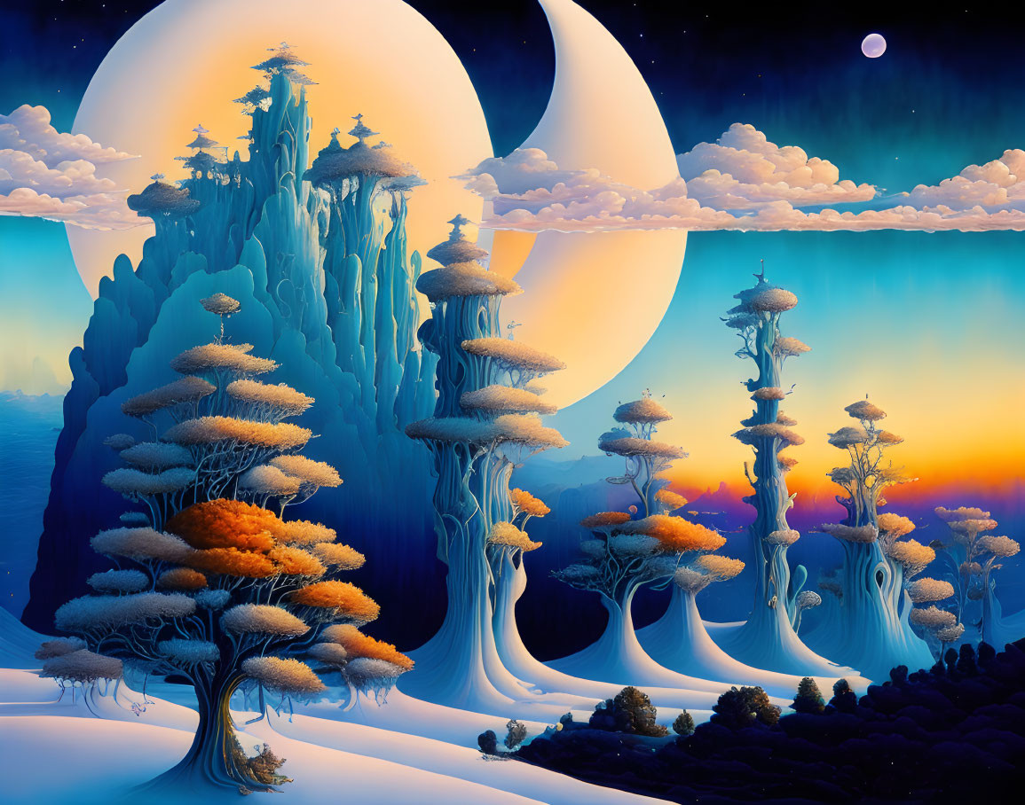 Fantasy landscape with towering trees, floating islands, and massive moons in vibrant colors