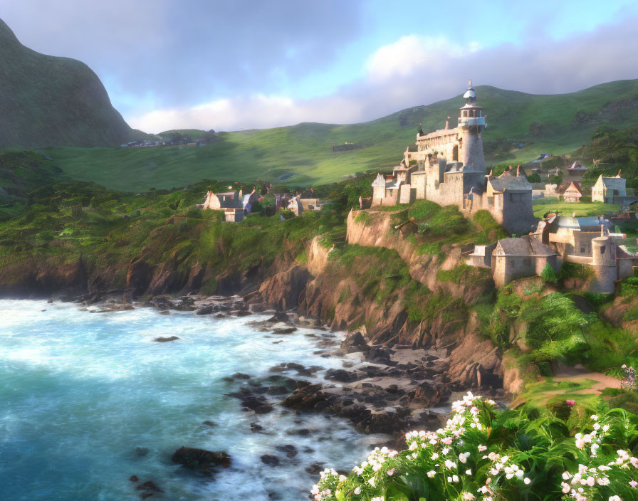 Coastal Village with Castle Surrounded by Green Hills