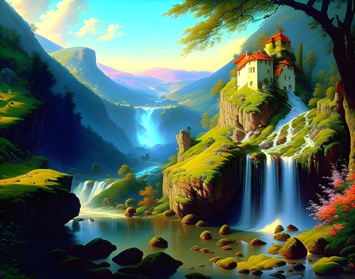 Majestic waterfall, castle on cliffs, river in lush valley at sunset