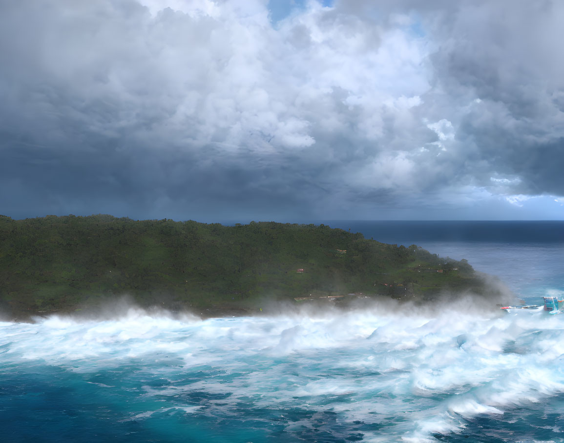 Dark storm clouds over turbulent sea crashing into lush green coastline with buildings.