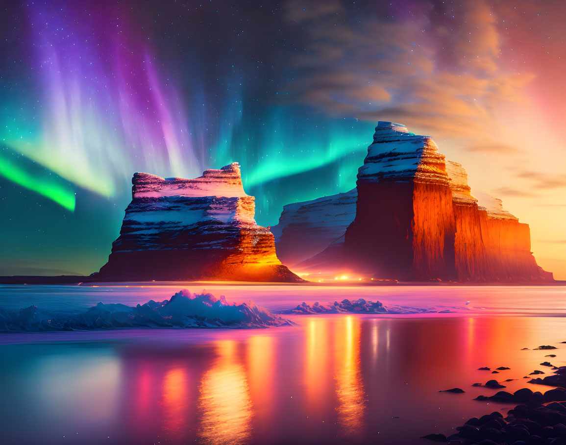 Majestic aurora borealis over snowy rocks and water at twilight