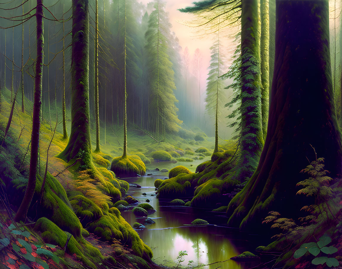 Moss-Covered Trees in Serene Forest Scene