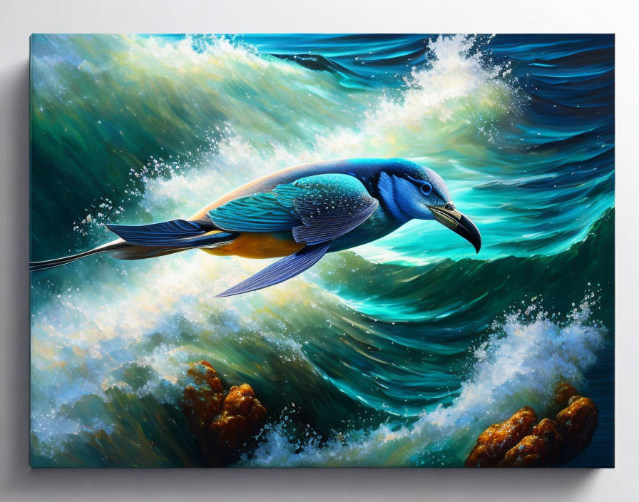 Blue bird in flight seamlessly blended with ocean waves - surreal fusion.