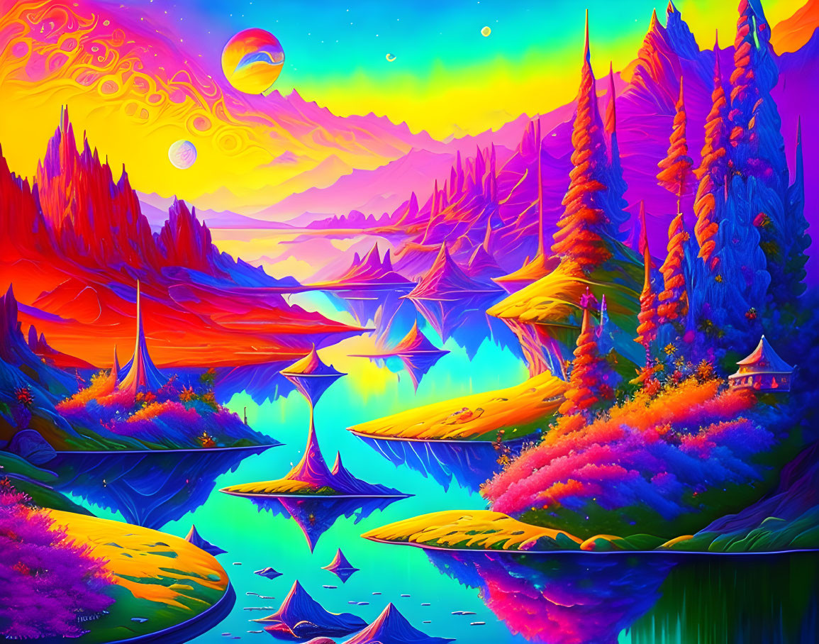 Surreal neon landscape: floating islands, exotic trees, water bodies, celestial sky