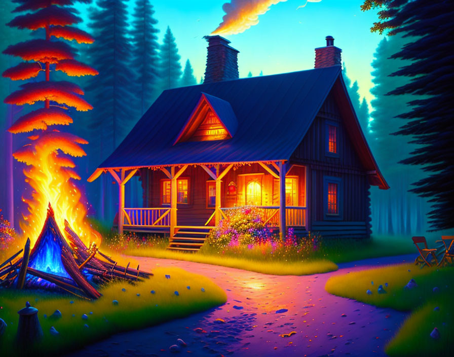 Nighttime forest scene with cozy wooden cabin and glowing campfire