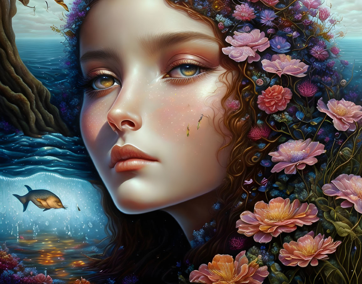 Surreal portrait of young woman with flowers blending into underwater scene