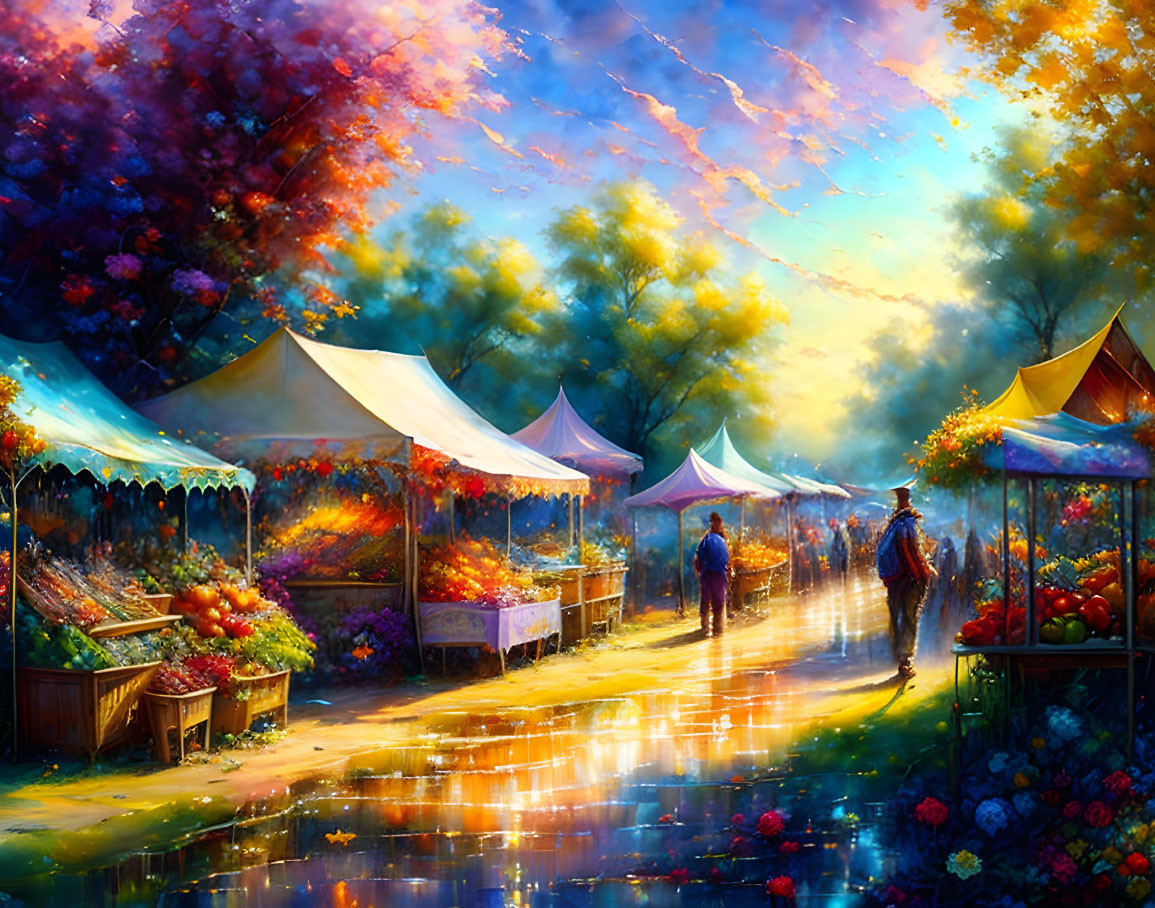 Vibrant autumn outdoor market scene with colorful tents and shoppers under a sunset sky