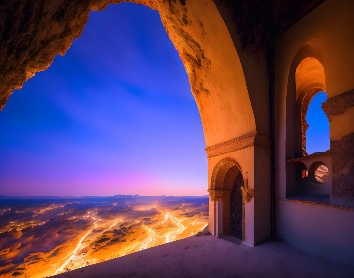 Twilight desert landscape through arched window