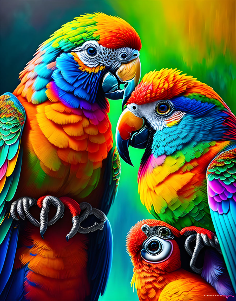 Colorful Parrots Touching Beaks on Abstract Background