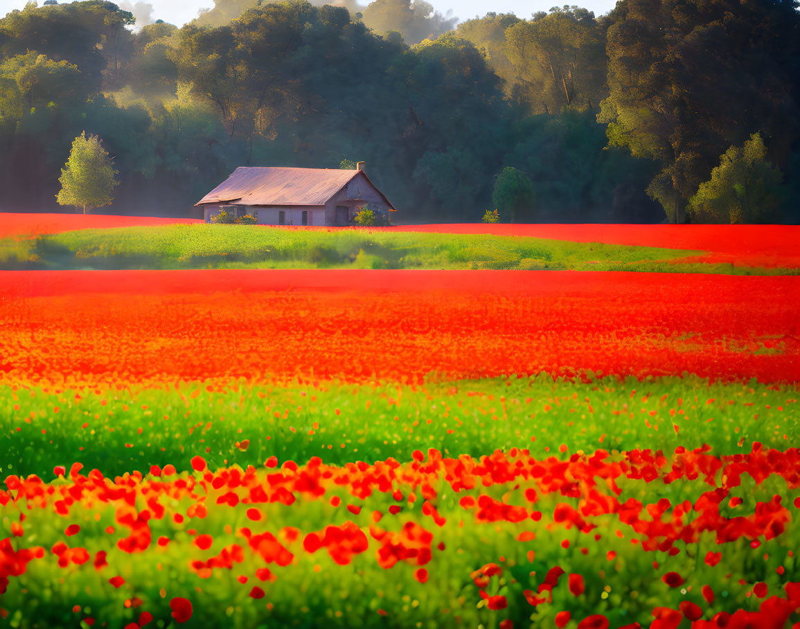 Lush Field of Red Poppies and Rustic House in Warm Light