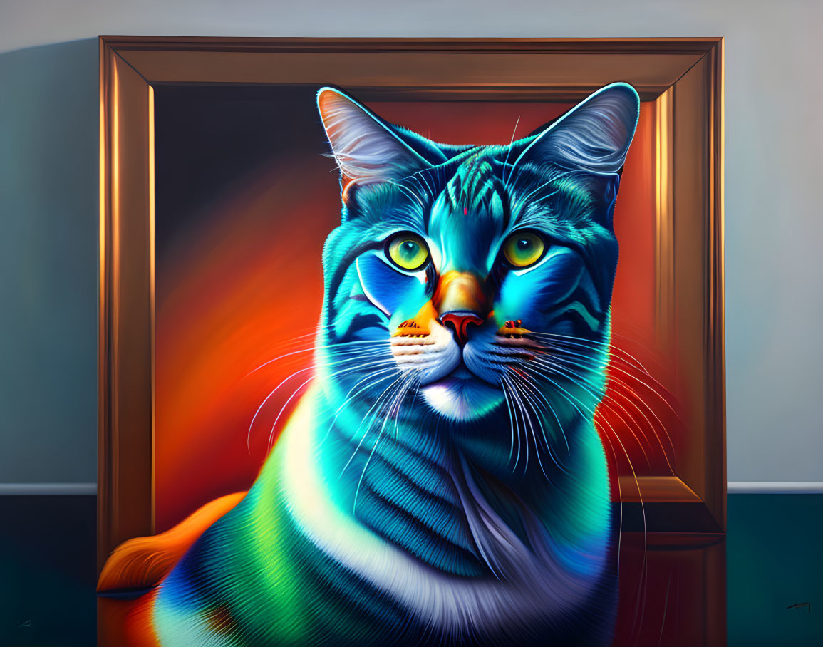 Vibrant hyperrealistic cat painting in blue and orange hues