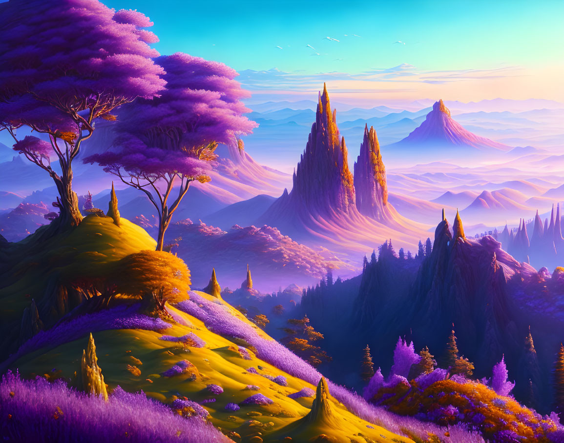 Colorful landscape with purple trees, yellow hills, flowers, and rock formations under blue sky.