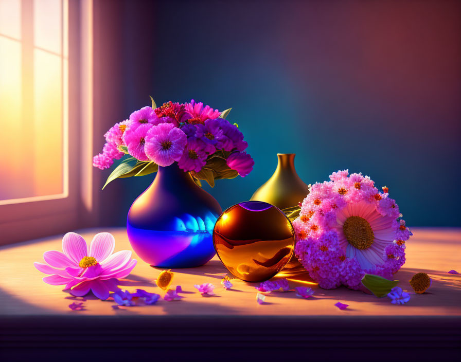 Colorful Flowers in Vases on Sunlit Windowsill