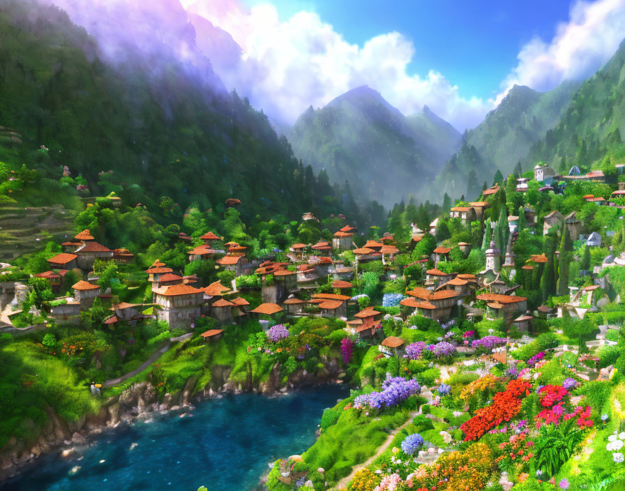 Fantasy village with terracotta roofs in lush valley, blue river, misty mountains