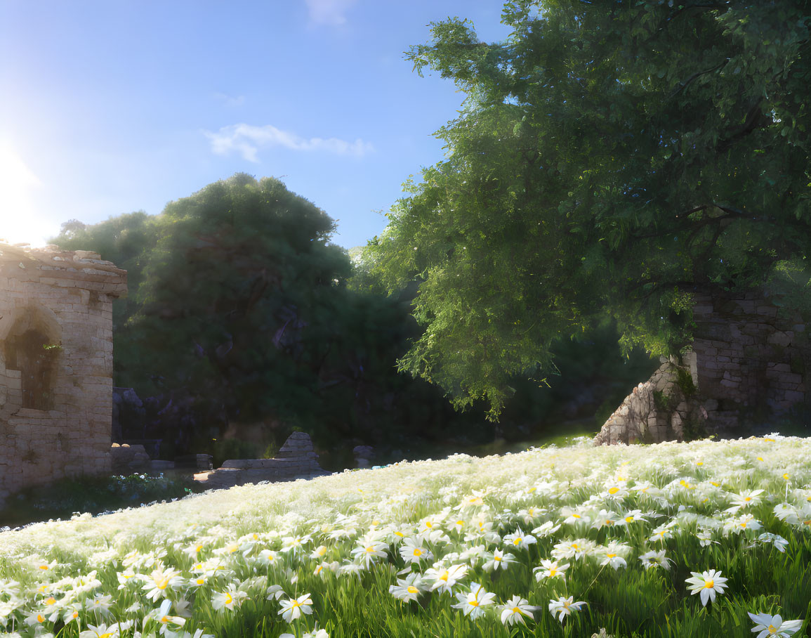 Tranquil white flowers field with green trees and ancient stone ruins