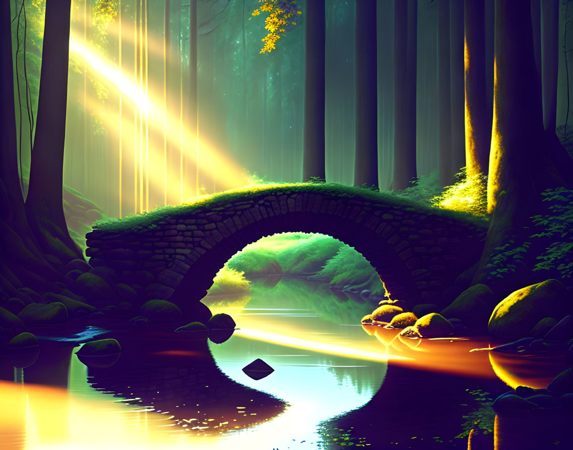 Tranquil fantasy forest scene with stone bridge and sunlit river