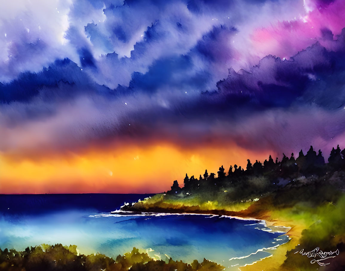 Vibrant Watercolor Painting: Sunset with Purple and Orange Skies