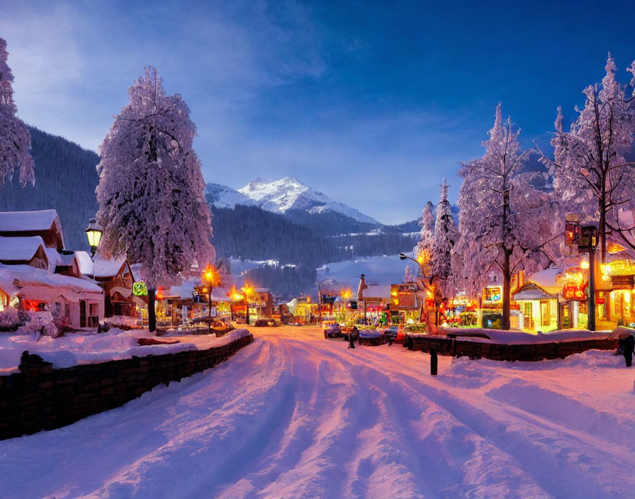 Snowy mountain village at twilight: storefronts, frosted trees, clear sky with evening stars.