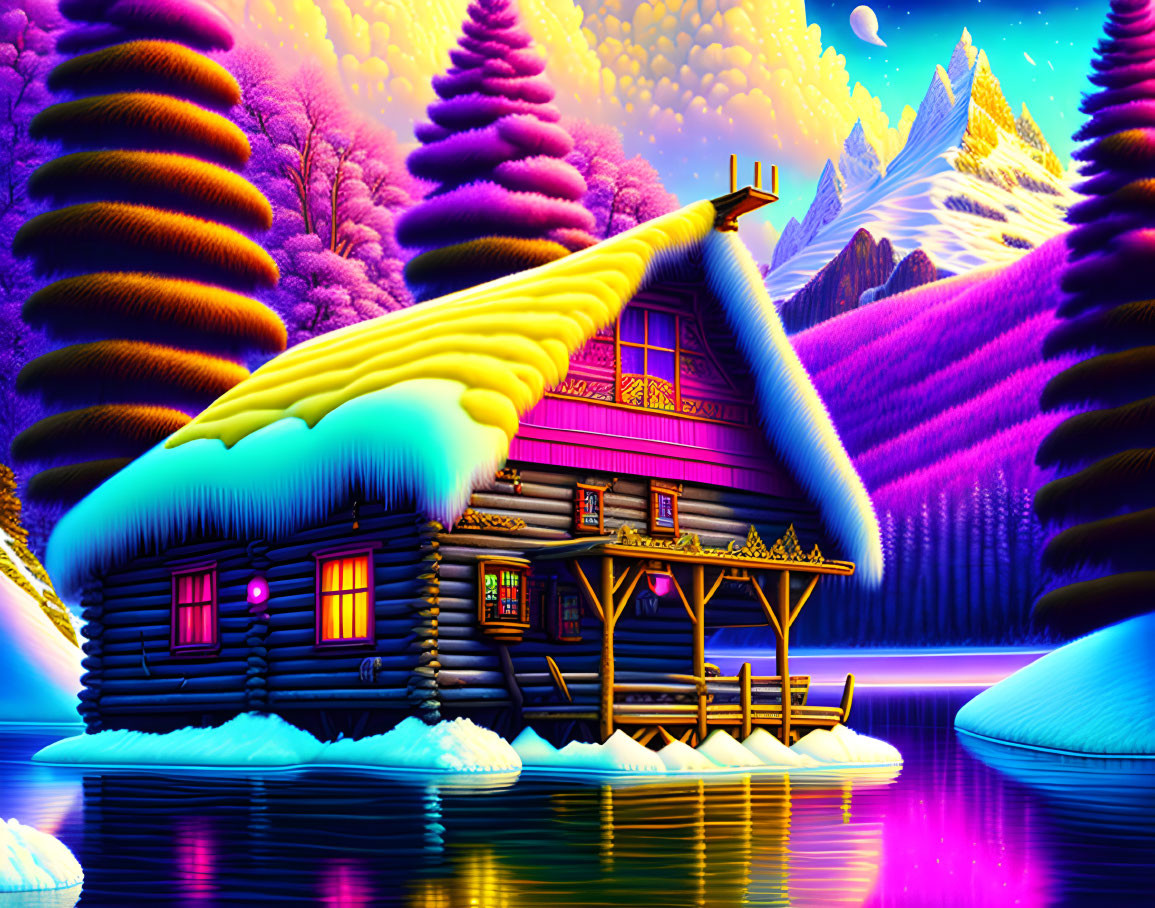 Digital art of snowy landscape with cozy cabin, purple trees, mountains, and colorful sky