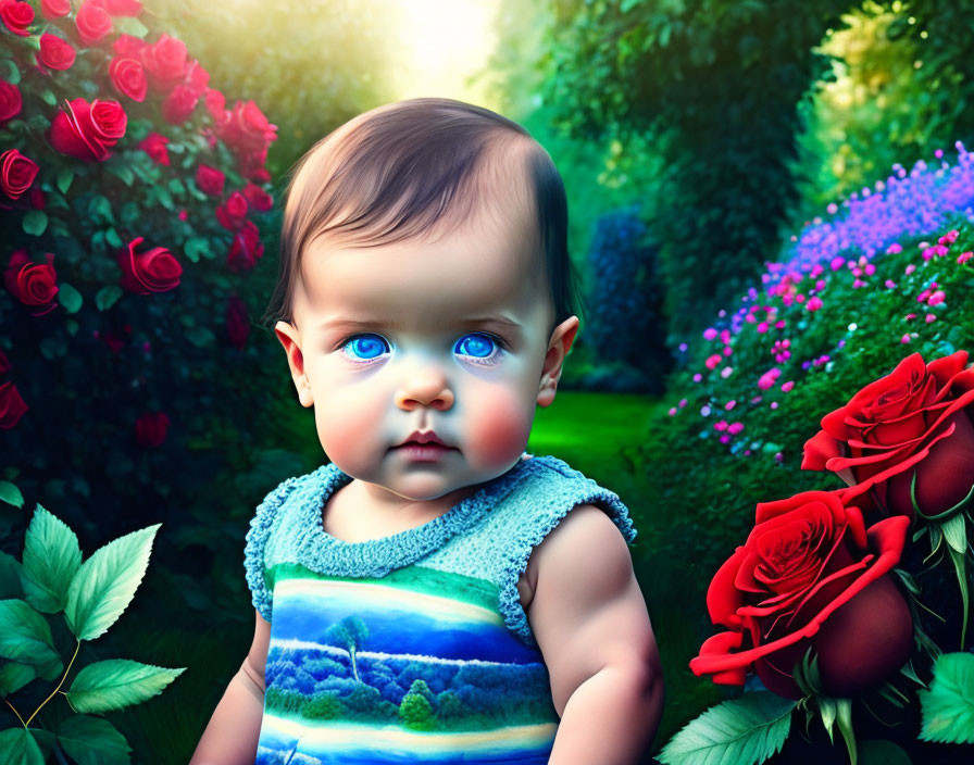 Baby with Striking Blue Eyes in Front of Vibrant Garden