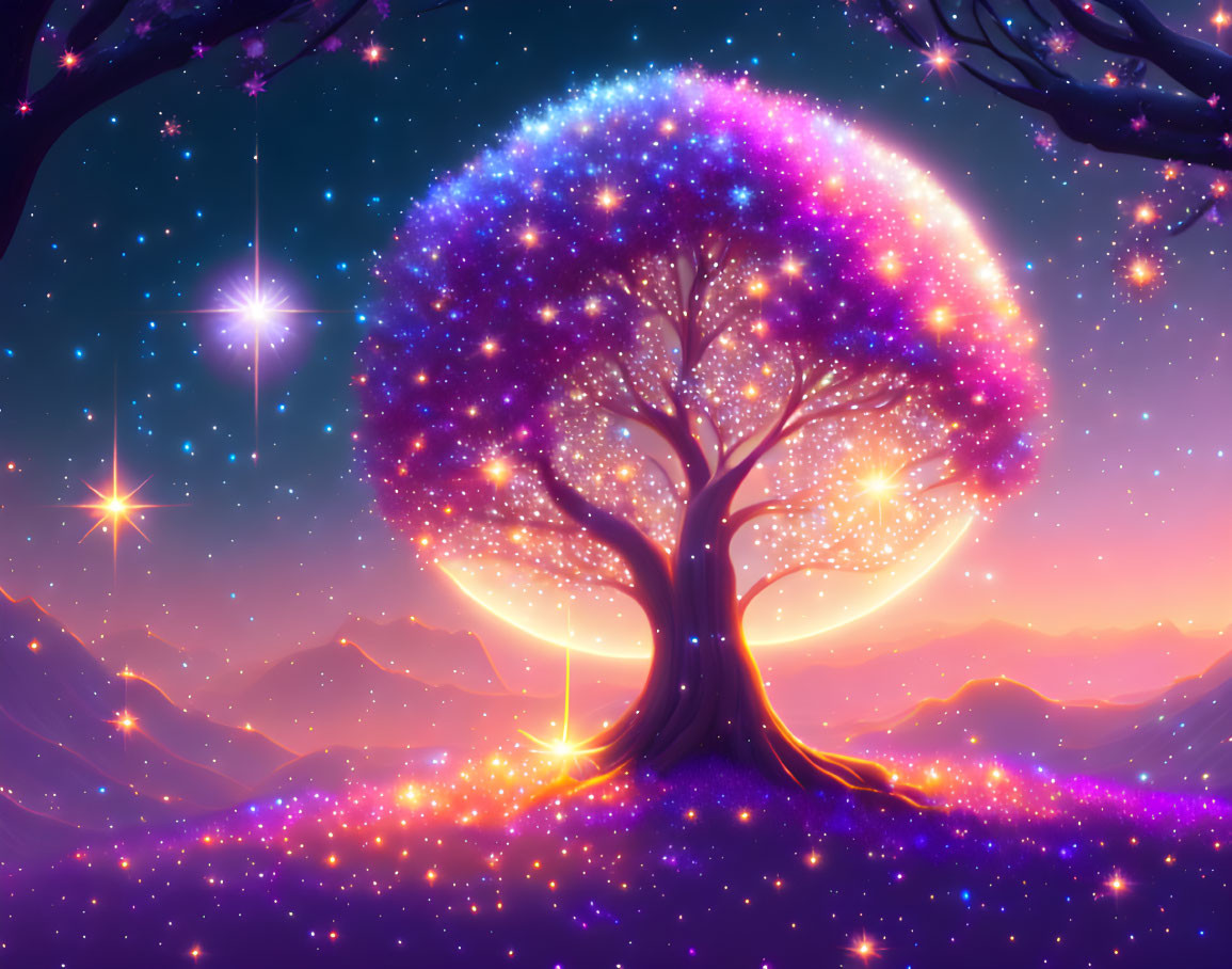 Illustration of glowing tree in twilight sky with mountains