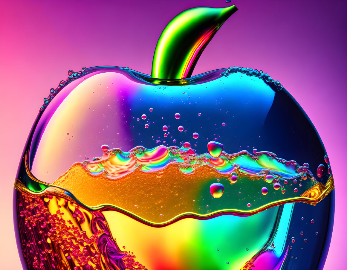 Colorful Apple Submerged in Water with Bubbles and Ripples