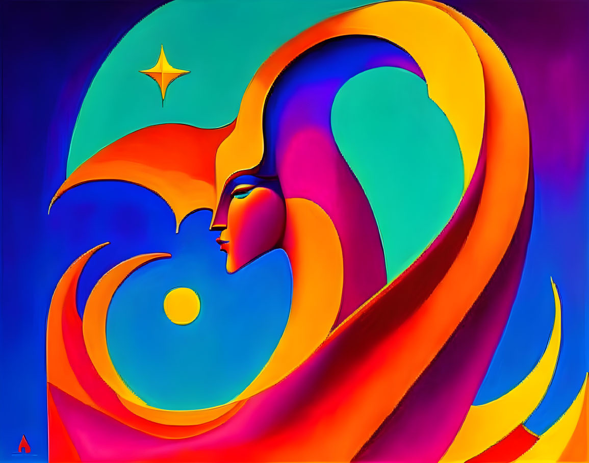 Colorful Abstract Artwork Featuring Stylized Face Profile and Celestial Motifs