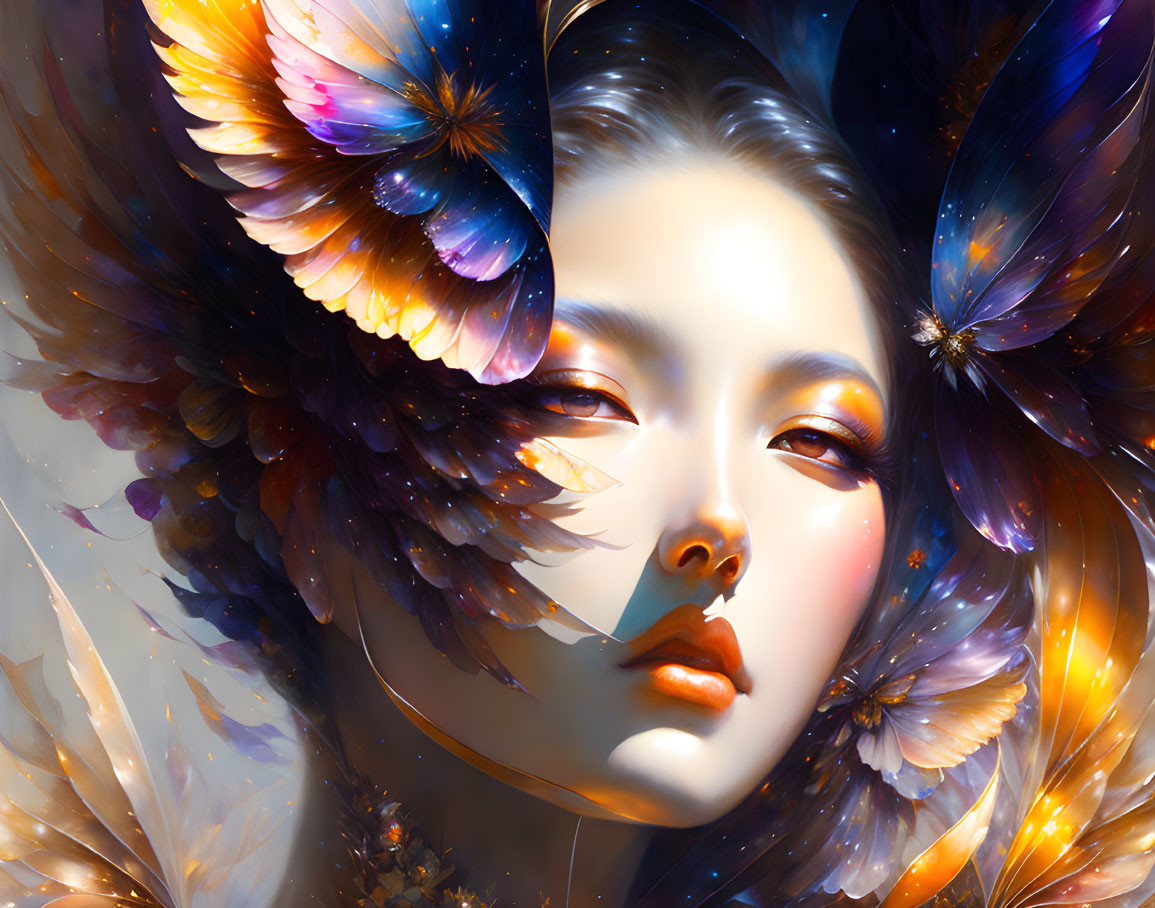 Colorful Butterfly Wings Surround Serene Woman in Digital Illustration